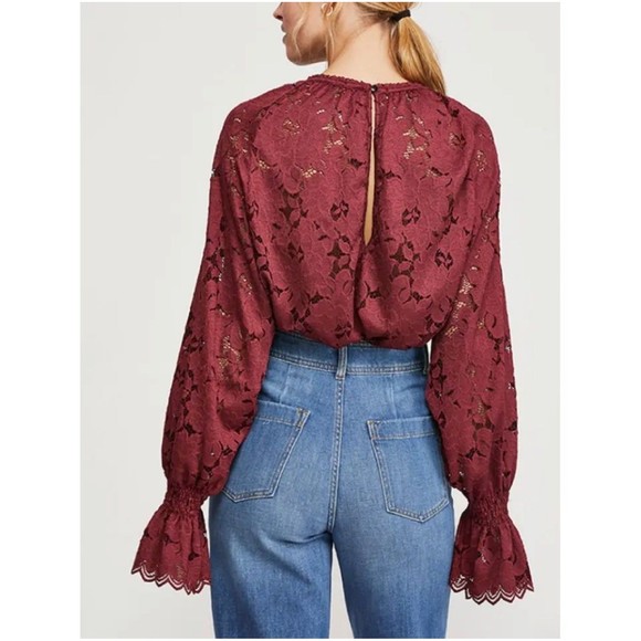 Free People Womens Olivia Blouse Wine Red Floral Long Sleeve Keyhole Lace Large - Picture 2 of 9